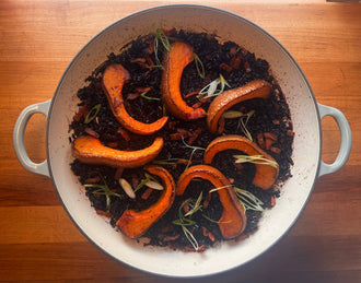Roasted Koginut Squash with Miso-Glazed Black Pearl Rice & Crispy Bacon