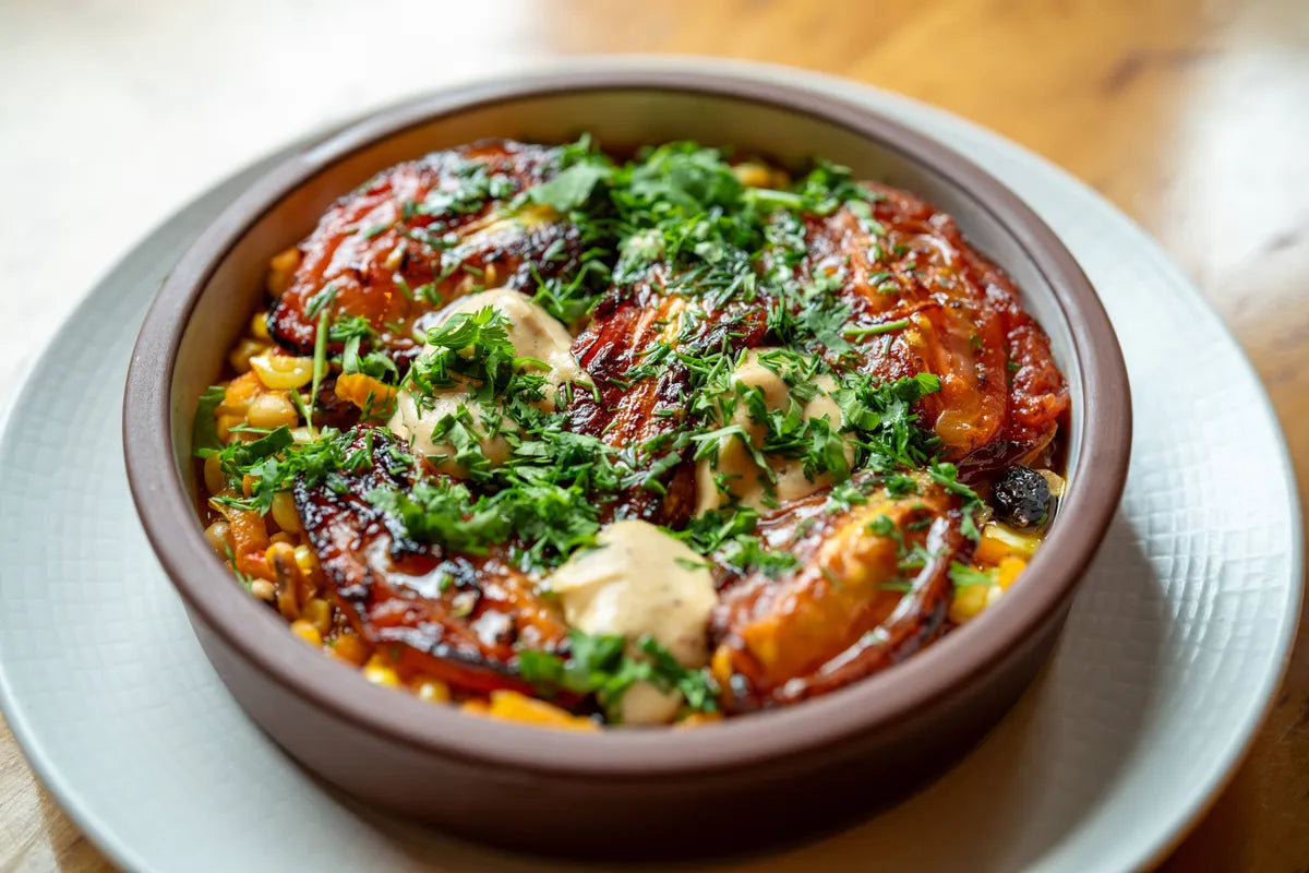 Seared Midnight Romas with Black-eyed Pea & Corn Plaki and Cashew Tarator