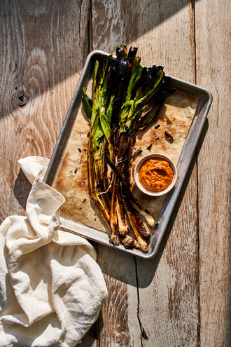 Charred Sweet Garleek with Badger Flame Beet Romesco